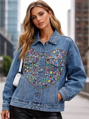 Blue Denim Jacket with Multicolor Rhinestone Heart & Studded Collar